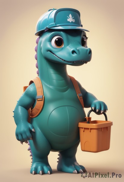 solo,open mouth,simple background,hat,holding,brown eyes,standing,full body,teeth,bag,gradient,pokemon (creature),no humans,fangs,backpack,baseball cap,claws,blue headwear,brown background,bucket,clothed pokemon,watering can,black eyes,colored skin,realistic