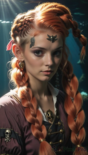 1girl,solo,long hair,looking at viewer,brown hair,hair ornament,dress,ribbon,jewelry,closed mouth,hair ribbon,upper body,braid,earrings,puffy sleeves,artist name,orange hair,mole,blurry,twin braids,lips,grey eyes,eyelashes,makeup,blurry background,facial mark,sunlight,thick eyebrows,lipstick,freckles,light rays,realistic,nose,red lips,mascara,multiple braids,mole on cheek,blue eyes,green eyes