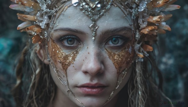 1girl,solo,long hair,looking at viewer,blue eyes,brown hair,hair ornament,brown eyes,closed mouth,artist name,water,blurry,lips,eyelashes,depth of field,blurry background,portrait,close-up,freckles,realistic,nose,straight-on,green eyes,expressionless,gold