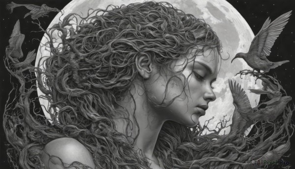 1girl,solo,long hair,closed mouth,monochrome,closed eyes,greyscale,sky,from side,tree,lips,eyelashes,profile,night,bird,animal,leaf,wavy hair,moon,plant,portrait,star (sky),night sky,full moon,starry sky,curly hair,realistic,branch,half-closed eyes,nose,vines,crow