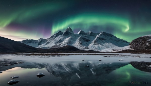 outdoors,sky,cloud,water,no humans,night,star (sky),nature,night sky,scenery,snow,starry sky,reflection,rock,mountain,river,landscape,lake,aurora