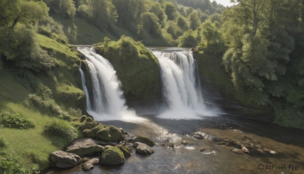 A waterfall surrounded by a captivating day