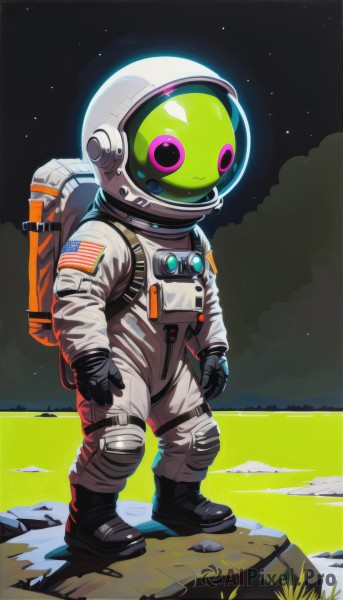 solo,gloves,1boy,standing,full body,male focus,boots,outdoors,sky,black gloves,pink eyes,bag,black footwear,moon,backpack,helmet,grass,star (sky),1other,starry sky,rock,space,american flag,spacesuit,space helmet,astronaut,night,flag,ambiguous gender