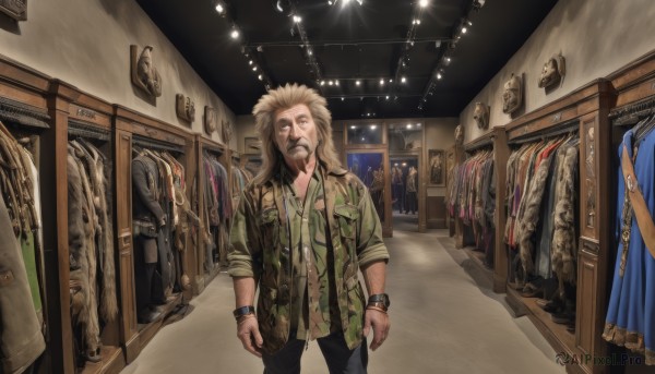 solo,long hair,looking at viewer,brown hair,shirt,1boy,brown eyes,jewelry,standing,jacket,male focus,pants,indoors,bracelet,fur trim,military,dutch angle,facial hair,beard,watch,realistic,green shirt,wristwatch,lamp,camouflage,dog tags,blonde hair,open clothes,window,scenery,science fiction,horror (theme),hallway