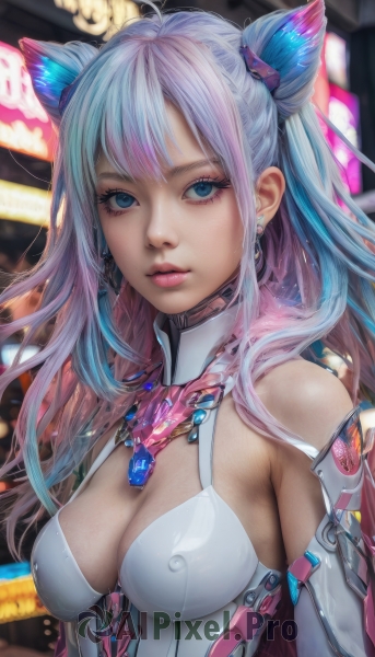 1girl,solo,long hair,breasts,looking at viewer,bangs,blue eyes,hair ornament,cleavage,bare shoulders,jewelry,medium breasts,closed mouth,blue hair,upper body,pink hair,ahoge,multicolored hair,earrings,detached sleeves,elbow gloves,shiny,hair bun,blurry,covered nipples,two-tone hair,lips,clothing cutout,eyelashes,double bun,gradient hair,makeup,blurry background,lipstick,eyeshadow,realistic,nose,cone hair bun,mascara,parted lips,necklace,detached collar,light purple hair,pink lips