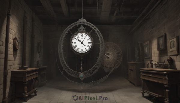 indoors,book,no humans,window,shadow,chair,table,scenery,wooden floor,door,clock,lamp,wall,brick wall,shelf,gears,still life,roman numeral,chain,desk,watch,stairs,bookshelf,candle,book stack,pocket watch,drawer,analog clock