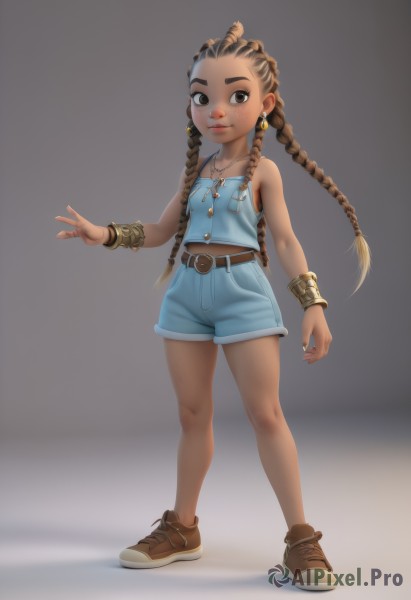 1girl,solo,long hair,looking at viewer,smile,brown hair,navel,bare shoulders,twintails,brown eyes,jewelry,standing,collarbone,full body,braid,earrings,shoes,shorts,midriff,belt,dark skin,necklace,twin braids,flat chest,bracelet,dark-skinned female,lips,brown footwear,ring,tank top,denim,sneakers,child,freckles,blue shorts,denim shorts,female child,brown belt,very dark skin,dreadlocks,multiple braids,breasts,simple background,closed mouth,small breasts,short shorts,aged down