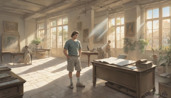 short hair,brown hair,shirt,black hair,1boy,sitting,standing,short sleeves,male focus,multiple boys,shoes,shorts,solo focus,day,socks,indoors,2boys,book,window,shadow,facial hair,headphones,chair,table,sunlight,3boys,blue shirt,plant,t-shirt,sneakers,box,scenery,desk,light rays,paper,hands in pockets,bookshelf,tiles,potted plant,lamp,photo (object),sunbeam,tile floor,wide shot,grey shorts,shelf,picture frame,hat,tree,curtains,hand in pocket,statue,painting (object),drawer,candlestand,cabinet,portrait (object)