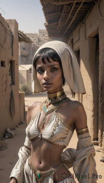 1girl,solo,breasts,looking at viewer,smile,short hair,bangs,skirt,black hair,navel,bare shoulders,brown eyes,jewelry,upper body,small breasts,outdoors,parted lips,detached sleeves,day,midriff,dark skin,necklace,stomach,dark-skinned female,lips,see-through,building,veil,armlet,realistic,nose,ruins,very dark skin,egyptian clothes,desert,harem outfit,arabian clothes,standing,gem,neck ring