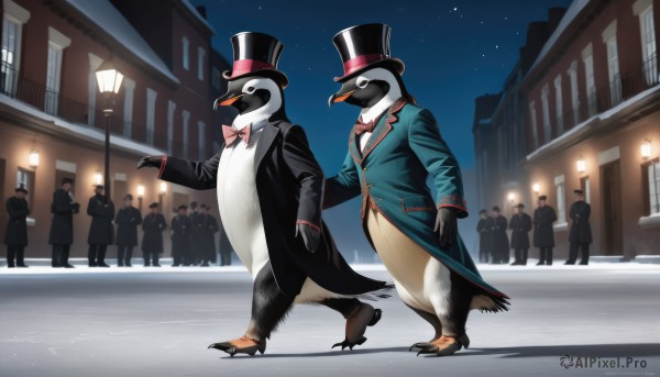 shirt,gloves,long sleeves,hat,bow,standing,jacket,white shirt,outdoors,multiple boys,sky,black gloves,artist name,bowtie,vest,red bow,coat,black jacket,no humans,black headwear,night,bird,animal,formal,suit,pink bow,building,red bowtie,star (sky),night sky,starry sky,walking,top hat,animal focus,multiple others,lamppost,pink bowtie,street,penguin,traditional bowtie,black suit,clothed animal,people,pointing,black coat,6+others,pigeon