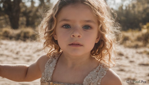 1girl,solo,looking at viewer,short hair,open mouth,blue eyes,blonde hair,dress,bare shoulders,upper body,outdoors,parted lips,teeth,sleeveless,medium hair,white dress,blurry,lips,grey eyes,depth of field,blurry background,wavy hair,child,portrait,forehead,freckles,curly hair,realistic,female child,long hair,day,artist name,eyelashes,watermark,sunlight,aged down,backlighting