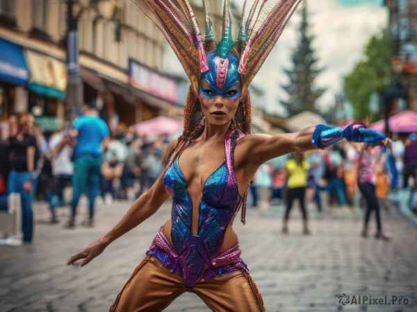 1girl,solo,long hair,breasts,looking at viewer,cleavage,medium breasts,yellow eyes,outdoors,solo focus,pants,dark skin,armpits,blurry,leotard,dark-skinned female,lips,makeup,mask,depth of field,blurry background,lipstick,realistic,center opening,crowd,multiple girls,gloves,bare shoulders,cowboy shot,fingerless gloves,headgear,building,science fiction,serious,tentacle hair,city,road,street,alien,orange skin