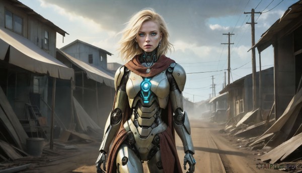 HQ,1girl,solo,looking at viewer,short hair,blue eyes,blonde hair,jewelry,closed mouth,standing,cowboy shot,earrings,outdoors,sky,day,cloud,medium hair,cape,armor,lips,bodysuit,glowing,expressionless,cloudy sky,wind,building,science fiction,realistic,nose,arms at sides,android,red cape,road,joints,cable,mechanical arms,ruins,cyborg,power lines,damaged,robot joints,power armor,dust,scarf,blue sky,robot,glowing eyes,red scarf,serious,injury,city,dirty,broken,street,debris,cyberpunk,dirty face