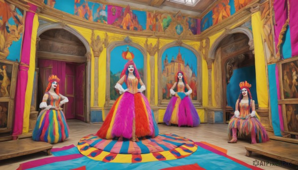 long hair,looking at viewer,blue eyes,multiple girls,skirt,long sleeves,dress,jewelry,sitting,standing,red hair,barefoot,indoors,3girls,4girls,crown,veil,hands on hips,carpet,rug,1girl,puffy sleeves,multicolored clothes,traditional clothes