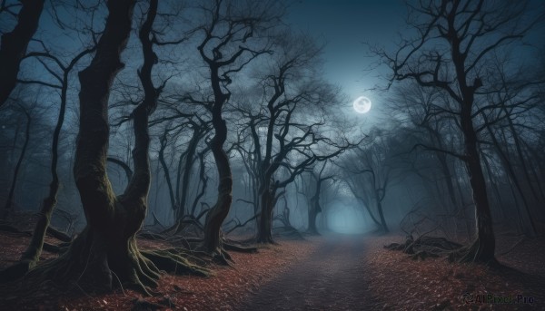 outdoors,sky,cloud,tree,no humans,night,leaf,moon,nature,night sky,scenery,full moon,forest,dark,autumn leaves,bare tree,fog,moonlight,grass,landscape