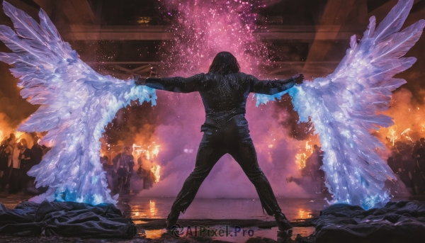 black hair,standing,jacket,male focus,multiple boys,wings,sky,solo focus,pants,from behind,black jacket,night,glowing,black pants,outstretched arms,fire,star (sky),feathered wings,starry sky,6+boys,angel wings,spread arms,angel,leather,leather jacket,leather pants,gloves,long sleeves,1boy,holding,full body,weapon,shoes,black gloves,belt,black footwear,gun,torn clothes,denim,outstretched arm,building,motor vehicle,smoke,monster,ice,city,facing away,battle,multiple others,firing,statue,burning,destruction,pyrokinesis,torn jacket