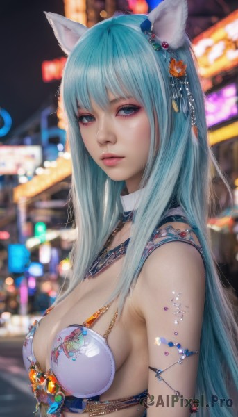 1girl,solo,long hair,breasts,looking at viewer,bangs,blue eyes,hair ornament,animal ears,cleavage,jewelry,medium breasts,blue hair,swimsuit,upper body,bikini,outdoors,cat ears,necklace,blurry,lips,eyelashes,aqua hair,makeup,night,depth of field,blurry background,gem,bikini top only,armlet,eyeshadow,bare shoulders,closed mouth,flower,artist name,hair flower,from side,grey eyes,white bikini,expressionless,straight hair,pink lips,realistic,nose,eyeliner,miqo'te,bokeh