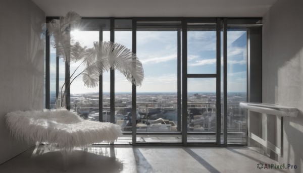 outdoors,sky,day,cloud,indoors,water,tree,blue sky,no humans,window,shadow,ocean,chair,beach,table,sunlight,cloudy sky,plant,curtains,building,scenery,city,palm tree,railing,horizon,cityscape,skyscraper,blinds,reflection,skyline