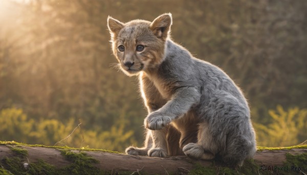 solo,blue eyes,sitting,closed mouth,full body,outdoors,day,blurry,tree,no humans,depth of field,blurry background,animal,cat,grass,plant,nature,realistic,branch,animal focus,looking at viewer,signature,whiskers,moss