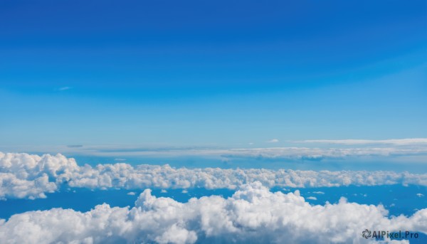 monochrome,outdoors,sky,day,cloud,blue sky,no humans,bird,ocean,cloudy sky,scenery,blue theme,horizon,landscape,above clouds,flock