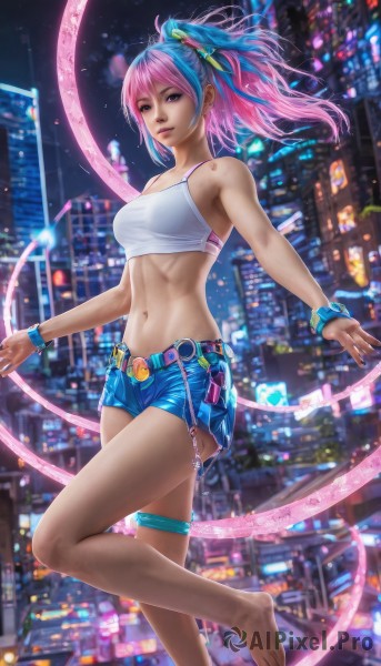 1girl,solo,long hair,breasts,looking at viewer,bangs,hair ornament,navel,bare shoulders,jewelry,medium breasts,underwear,blue hair,standing,ponytail,pink hair,multicolored hair,outdoors,parted lips,shorts,barefoot,midriff,belt,stomach,nail polish,bra,blurry,bracelet,feet,two-tone hair,lips,crop top,short shorts,bare legs,thigh strap,toes,night,blurry background,watermark,leg up,standing on one leg,tank top,denim,wristband,web address,floating,blue shorts,denim shorts,city,realistic,nose,taut clothes,ribbon,hair ribbon,artist name,pink eyes,streaked hair,legs,outstretched arms,blue ribbon,building,cityscape,skyscraper,city lights,cyberpunk