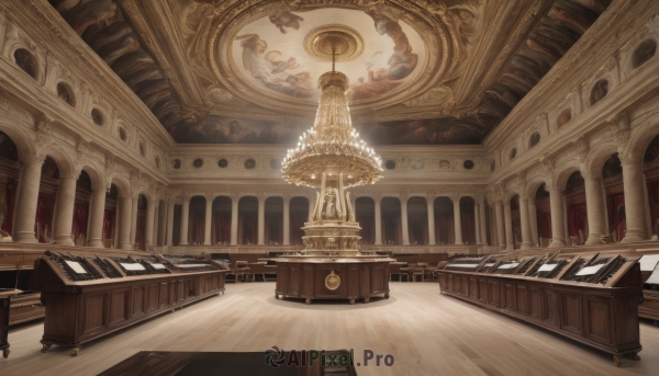 indoors,no humans,window,sunlight,instrument,scenery,light rays,stairs,clock,architecture,playing instrument,pillar,gears,statue,piano,church,chandelier,column,grand piano,wooden floor,ceiling