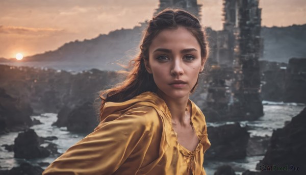 1girl,solo,long hair,looking at viewer,brown hair,black hair,brown eyes,closed mouth,upper body,outdoors,sky,cloud,hood,water,mole,blurry,lips,mole under eye,ocean,sunlight,hood down,scenery,freckles,reflection,sunset,mountain,realistic,nose,sun,river,raincoat,city,sunrise