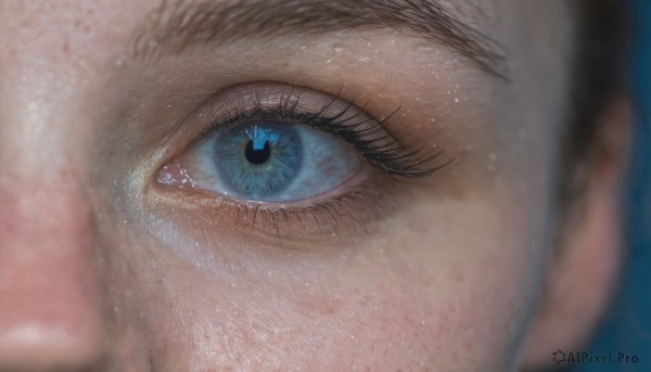 1girl,solo,looking at viewer,blue eyes,black hair,1boy,male focus,tears,blurry,lips,eyelashes,depth of field,close-up,freckles,reflection,blurry foreground,realistic,eye focus,blurry background