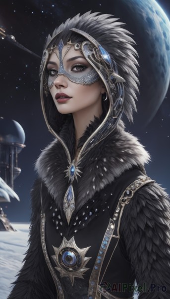 1girl,solo,looking at viewer,short hair,black hair,brown eyes,jewelry,upper body,earrings,outdoors,parted lips,sky,artist name,signature,black eyes,lips,fur trim,makeup,mask,night,moon,feathers,lipstick,gem,star (sky),night sky,snow,starry sky,nose,red lips,space,planet,feather trim,teeth,hood,eyeshadow,realistic,headpiece,headdress,fur