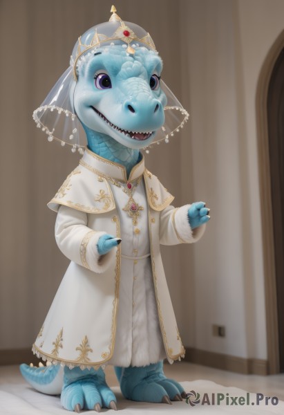 solo,looking at viewer,smile,open mouth,blue eyes,long sleeves,jewelry,standing,tail,full body,teeth,artist name,indoors,necklace,coat,no humans,colored skin,watermark,sharp teeth,gem,veil,claws,furry,robe,blue skin,dragon,1girl,dress,white dress,capelet