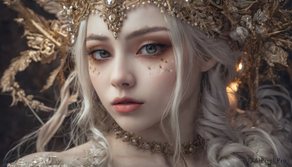 1girl,solo,long hair,looking at viewer,blue eyes,hair ornament,jewelry,white hair,parted lips,choker,artist name,necklace,mole,blurry,lips,grey eyes,eyelashes,makeup,portrait,close-up,freckles,realistic,red lips,gold,mole on cheek,blonde hair,watermark,nose