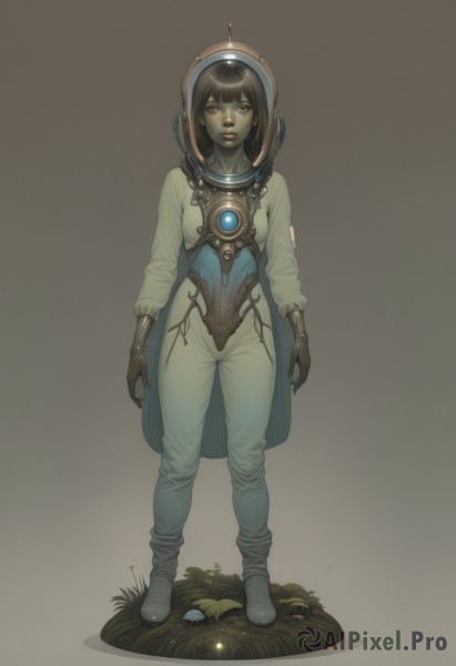 1girl,solo,looking at viewer,short hair,bangs,simple background,brown hair,black hair,gloves,brown eyes,standing,full body,boots,parted lips,lips,gradient,gradient background,bodysuit,helmet,grass,brown background,science fiction,realistic,arms at sides,spacesuit,space helmet,astronaut,white background,blunt bangs,colored skin,green skin,alien