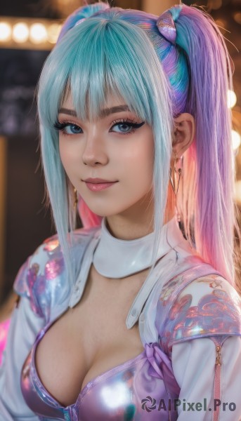 1girl,solo,long hair,breasts,looking at viewer,smile,bangs,blue eyes,hair ornament,cleavage,twintails,jewelry,medium breasts,closed mouth,blue hair,jacket,upper body,pink hair,sidelocks,multicolored hair,earrings,open clothes,blurry,two-tone hair,open jacket,lips,eyelashes,aqua hair,makeup,depth of field,blurry background,eyeshadow,realistic,nose,mascara,purple hair,artist name,thick eyebrows