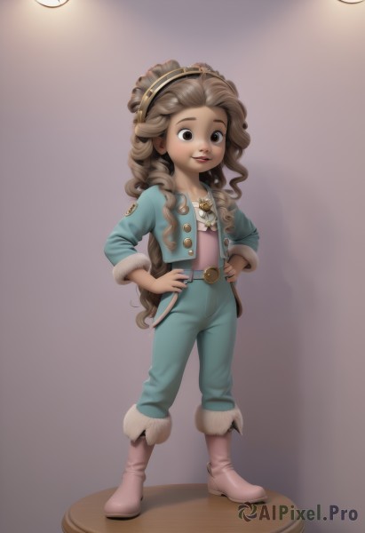 1girl,solo,long hair,smile,brown hair,brown eyes,very long hair,standing,jacket,full body,hairband,boots,open clothes,belt,pants,dark skin,dark-skinned female,lips,fur trim,child,curly hair,hands on hips,pink footwear,fur-trimmed boots,fur boots,looking at viewer,simple background,shirt,jewelry,necklace,flat chest,watermark,knife,web address