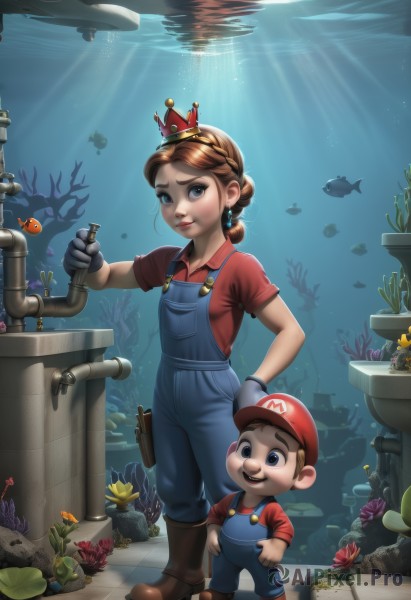 mario,1girl,looking at viewer,smile,short hair,open mouth,blue eyes,brown hair,shirt,gloves,1boy,hat,holding,standing,full body,braid,short sleeves,boots,teeth,white gloves,water,lips,hand on hip,facial hair,siblings,brown footwear,crown,red shirt,child,genderswap,red headwear,genderswap (mtf),fish,bubble,light rays,underwater,mustache,overalls,air bubble,shell,grey gloves,coral,blue overalls,jewelry,closed mouth,flower,:d,earrings,parted lips,shoes,artist name,signature,looking at another,black eyes,cosplay,watermark,sunlight,plant,web address,yellow flower,nose,sunbeam,coin,thigh holster,wrench