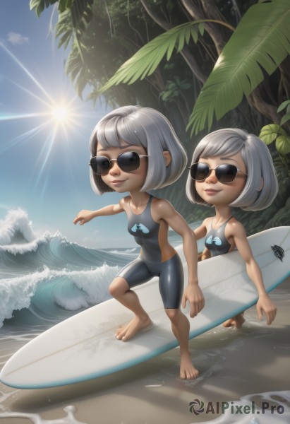 breasts,smile,short hair,bangs,multiple girls,holding,2girls,closed mouth,standing,collarbone,swimsuit,full body,white hair,grey hair,small breasts,outdoors,sky,barefoot,day,shiny,artist name,signature,water,tree,lips,one-piece swimsuit,bodysuit,toes,siblings,ocean,beach,sunlight,sunglasses,bob cut,bug,pointing,sand,palm tree,sun,summer,waves,surfboard,footprints,wetsuit,1girl,chibi