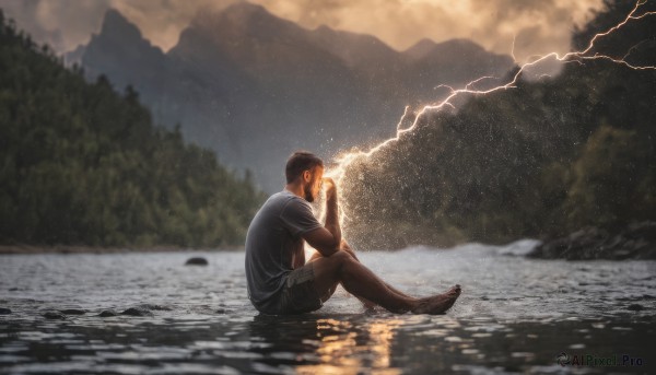 solo, short hair, shirt, black hair, 1boy, sitting, short sleeves, male focus, outdoors, sky, shorts, cloud, water, blurry, from side, tree, cloudy sky, nature, scenery, mountain, lightning