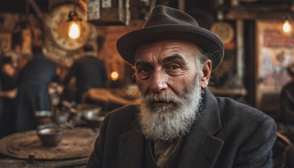 looking at viewer,shirt,1boy,hat,jacket,upper body,white hair,grey hair,male focus,multiple boys,necktie,solo focus,indoors,blurry,cup,coat,black jacket,black headwear,depth of field,blurry background,facial hair,formal,table,suit,beard,realistic,mustache,clock,bald,manly,old,old man,fedora,bar (place),restaurant,solo,brown eyes,closed mouth,black eyes,lips,chair,lamp,light bulb,ceiling light,cafe,wrinkled skin