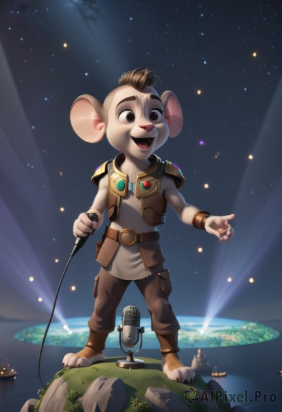 solo,smile,open mouth,brown hair,shirt,1boy,holding,animal ears,brown eyes,jewelry,standing,tail,full body,male focus,outdoors,sky,barefoot,teeth,sleeveless,belt,pants,artist name,signature,armor,black eyes,vest,night,watermark,happy,shoulder armor,star (sky),night sky,microphone,furry,starry sky,pouch,mouse ears,space,furry male,holding microphone,brown pants,shoulder pads,planet,microphone stand,brown vest,buck teeth,tree,grass,pointing,rock,singing,mouse