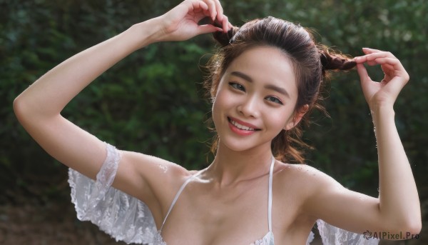 1girl,solo,breasts,looking at viewer,smile,open mouth,brown hair,dress,cleavage,bare shoulders,collarbone,upper body,outdoors,teeth,armpits,grin,blurry,black eyes,arms up,blurry background,fangs,forehead,freckles,realistic,short hair,braid,white dress