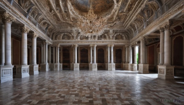 indoors,no humans,window,sunlight,scenery,stairs,door,light,architecture,tile floor,pillar,statue,hallway,arch,column,fantasy,tiles,checkered floor,reflective floor,vanishing point