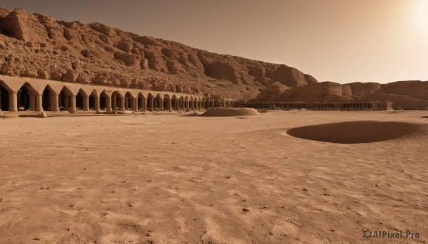 monochrome,outdoors,sky,water,tree,no humans,shadow,beach,building,scenery,sunset,mountain,sand,sun,road,bridge,sepia,river,landscape,brown theme,desert,day,shore