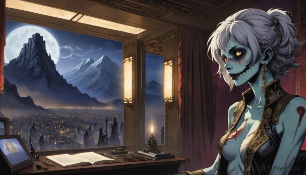 1girl,solo,breasts,blush,short hair,cleavage,bare shoulders,jewelry,medium breasts,sitting,collarbone,yellow eyes,upper body,ponytail,white hair,grey hair,earrings,open clothes,sky,teeth,sleeveless,cloud,indoors,vest,book,window,no bra,blood,night,colored skin,scar,moon,table,sharp teeth,curtains,night sky,full moon,desk,colored sclera,short ponytail,mountain,city,blue skin,black sclera,candle,stitches,grey skin,zombie,mountainous horizon,looking at viewer,solo focus,lips,tattoo,fire,scenery,fantasy,cityscape,monitor,open vest,city lights,undead