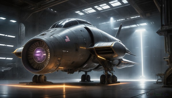 HQ,indoors,signature,military,no humans,robot,mecha,machinery,science fiction,realistic,aircraft,military vehicle,airplane,light,vehicle focus,spacecraft,lights,cockpit,fighter jet,solo,lens flare,cable