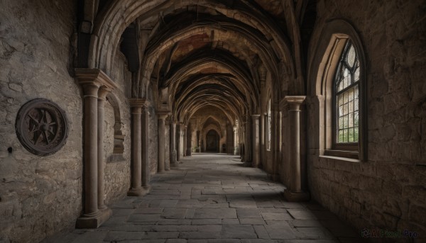 day,indoors,no humans,window,sunlight,scenery,stairs,door,wall,ruins,pillar,hallway,church,arch,column,pavement,stone floor,architecture,stone wall