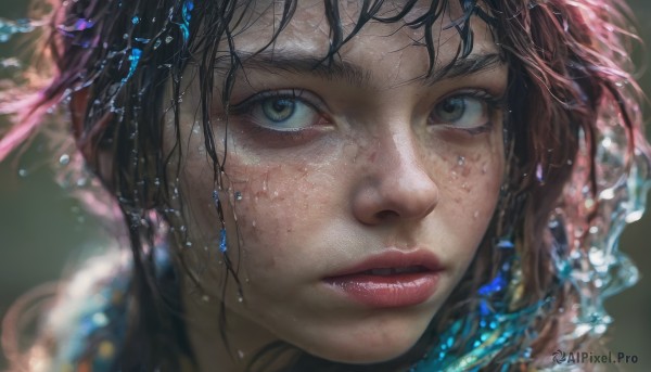 1girl, solo, looking at viewer, brown hair, black hair, green eyes, parted lips, teeth, water, blurry, lips, eyelashes, portrait, close-up, freckles, realistic, nose