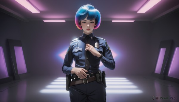 1girl,solo,looking at viewer,short hair,bangs,shirt,long sleeves,closed mouth,blue hair,standing,weapon,multicolored hair,cowboy shot,necktie,collared shirt,belt,pants,indoors,uniform,black eyes,two-tone hair,lips,gun,black shirt,makeup,looking down,black pants,black necktie,handgun,science fiction,black belt,holster,police,police uniform,policewoman,holstered weapon,walkie-talkie,breasts,jacket,military,military uniform,lipstick,blue jacket,pocket,serious,nose,red lips,breast pocket,badge