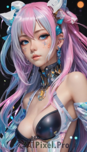 1girl,solo,long hair,breasts,looking at viewer,bangs,blue eyes,hair ornament,cleavage,hair between eyes,bare shoulders,jewelry,medium breasts,blue hair,upper body,pink hair,multicolored hair,earrings,parted lips,shiny,two-tone hair,lips,shiny skin,eyelashes,gradient hair,makeup,headgear,facial mark,piercing,black background,revealing clothes,realistic,nose,mascara,simple background,swimsuit,detached sleeves,necklace,mole,detached collar,gem,ear piercing,eyeshadow,eyeliner