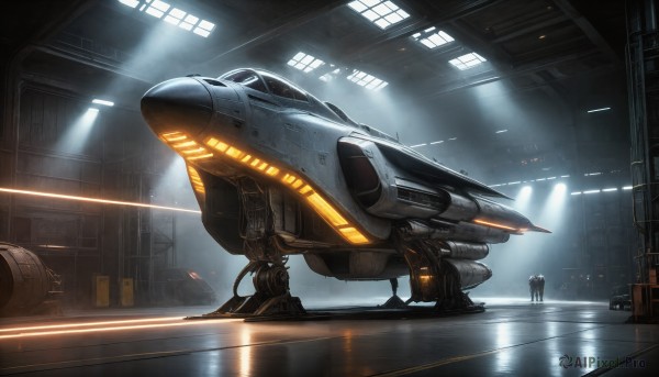 HQ,indoors,signature,military,no humans,window,robot,scenery,mecha,1other,machinery,science fiction,light rays,realistic,light,spacecraft,ceiling,lights,cockpit,reflection,aircraft,cable,vehicle focus