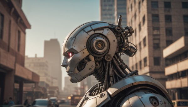 solo,red eyes,upper body,male focus,outdoors,blurry,from side,no humans,profile,depth of field,blurry background,glowing,robot,building,mecha,1other,science fiction,city,realistic,android,cable,looking ahead,humanoid robot,1boy,sky,day,ground vehicle,portrait,glowing eyes,motor vehicle,close-up,cityscape,glowing eye,cyberpunk,radio antenna